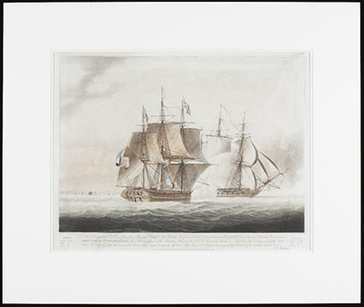 Aquatint on paper depicting a large boat on water, in window mat.