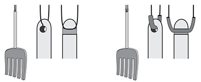 A wooden fork suspended by a string (on the left) and a wooden fork suspended by a string covered in tubing (on the right).