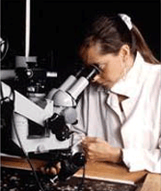 Une scientifique qui regarde à travers un microscope.