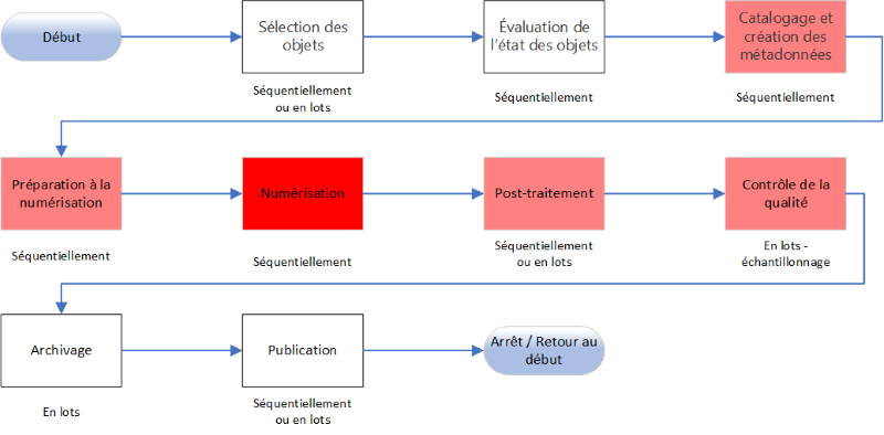 Un diagramme montrant une progression linéaire de neuf étapes dans le processus de numérisation.