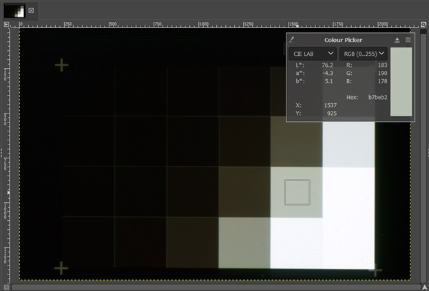 Screen capture of scanned greyscale target being sampled for colour values using GIMP image editing software.