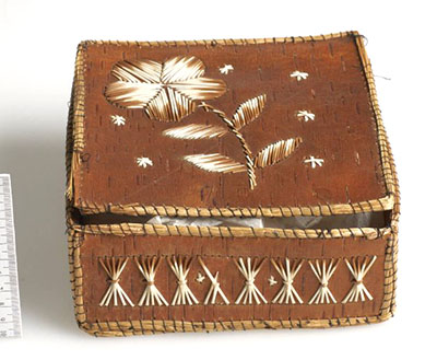 Birchbark box decorated with undyed porcupine quills.