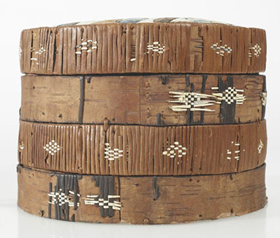 Birchbark cylindrical box made with four bands of bark, wrapped with spruce root twining.