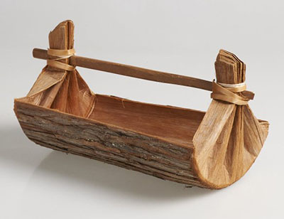 A basket made of a rectangular piece of western red-cedar bark.