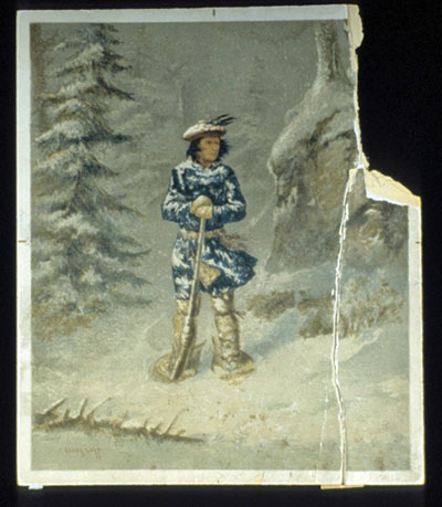 Reproduction endommagée d’une peinture de Krieghoff illustrant un homme debout dans la neige.