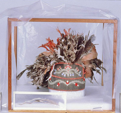 Feather hat protected from dust and risks of physical damage with a plastic-covered frame.