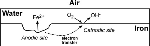 The corrosion process on a piece of iron; full textual description follows.