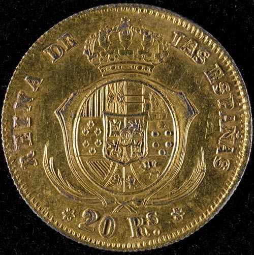Counterfeited 1861 Spanish 20-reales gold coin.