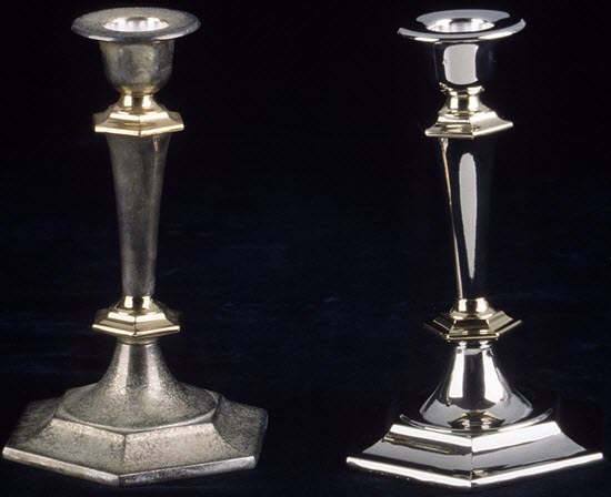 Candlesticks before and after polishing.