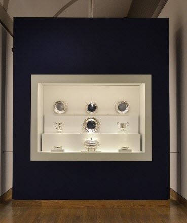 Silver objects shown in new high-tech custom-built display cases at the National Gallery of Canada.