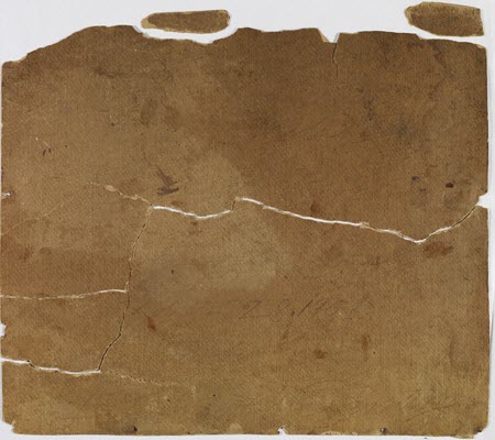 The reverse of a small painting on a deteriorated card support which has broken in several pieces