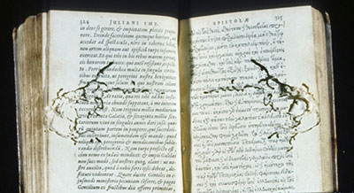 Bookworm damage to paper.