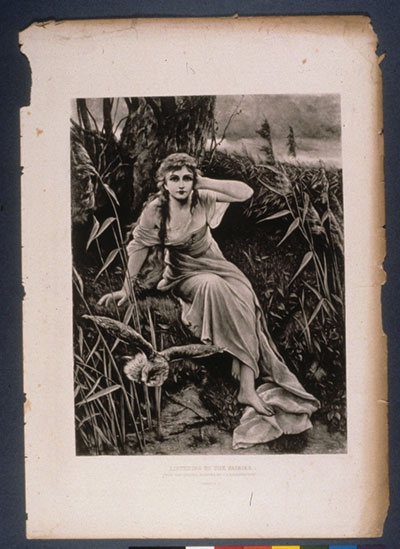 Altération de la couleur de la tranche de gouttière d’une planche de livre. Sur la planche, il y a l’image d’une femme assise dans un champ.