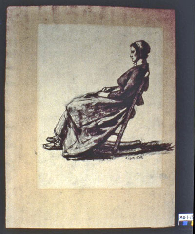 Oeuvre sur papier qui a été tachée. L’œuvre illustre une femme assise sur une chaise.