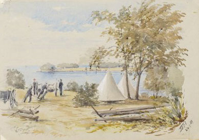 Vue rapprochée d’une aquarelle illustrant un camp de la Dominion Artillery Association.