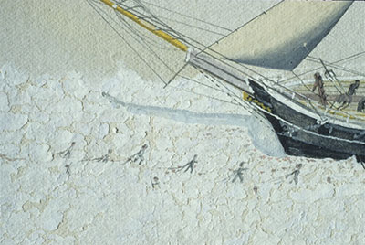 Vue rapprochée d’une œuvre peinte à la gouache et illustrant une chasse aux phoques.  La couche picturale est endommagée.