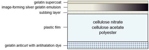 Cross-section of a black and white plastic-based film.