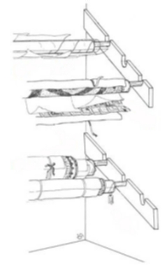 Exemples de dispositifs de rangement de tapis roulés composés de tasseaux.