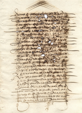 Page de manuscrit écrit à l’encre ferro gallique endommagée par la corrosion de l’encre ferro-gallique