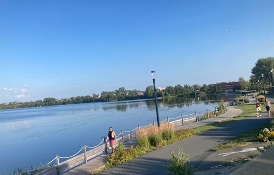 Riverside walkway along a body of water, with a path, vegetation and a pedestrian under a clear sky.