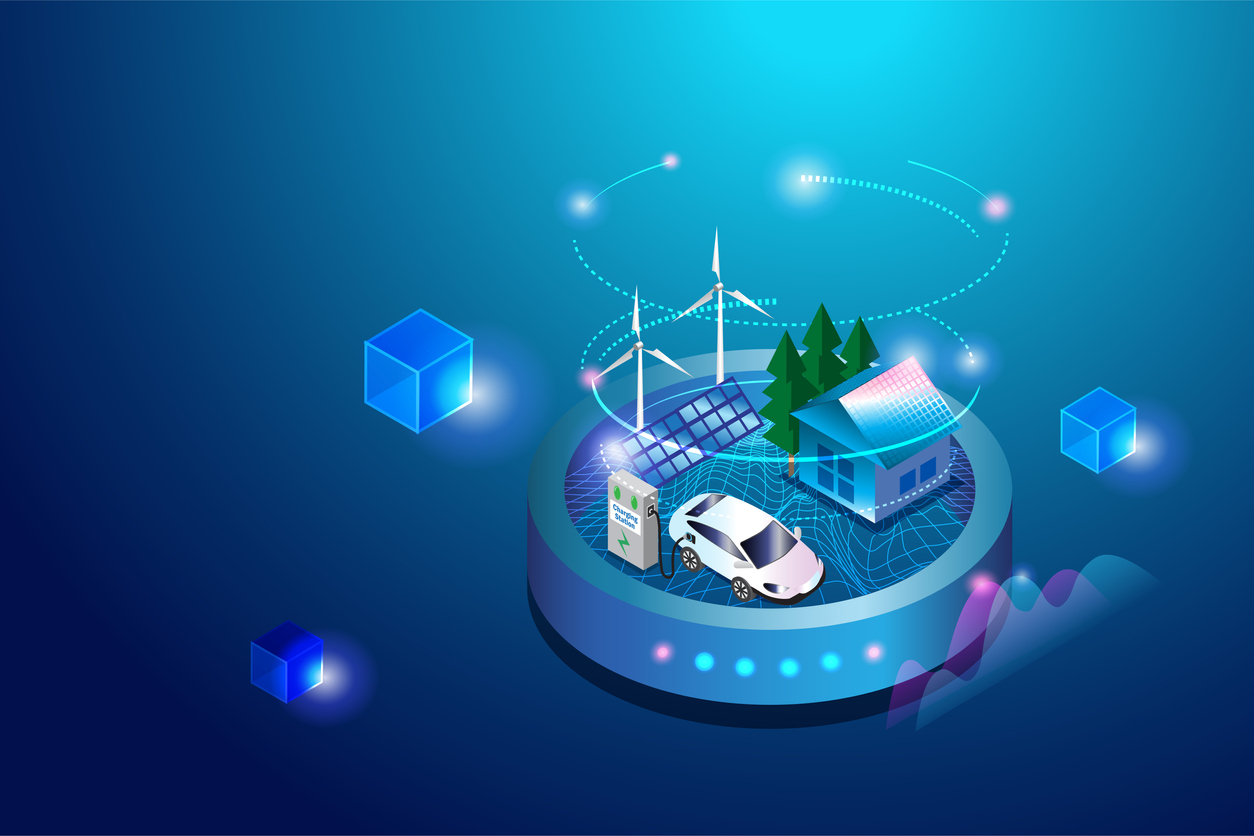 Panneau solaire, éolienne et voiture électrique illustrant une consommation d’énergie verte pour réduire les émission de carbone