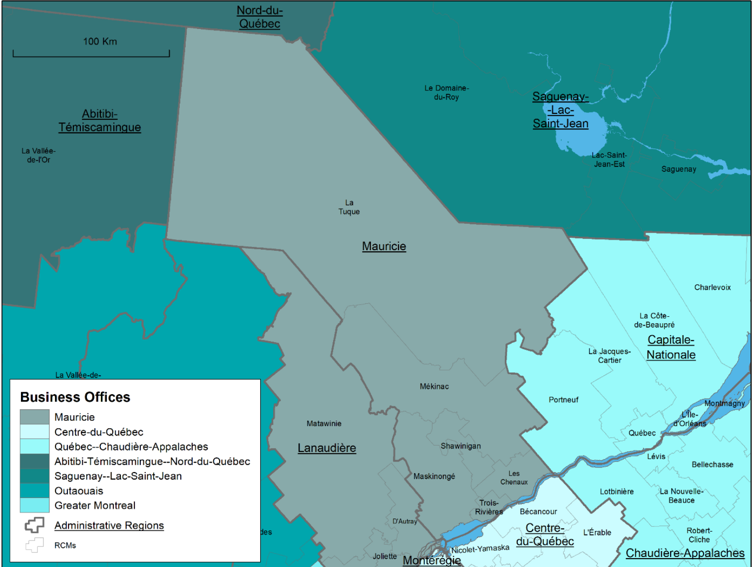 Map of the Mauricie administrative region, the regional county municipalities (RCMs) it covers, the territory of Canada Economic Development for Quebec Regions' (CED's) Mauricie Business Office (BO) and the territories served by neighbouring BOs.