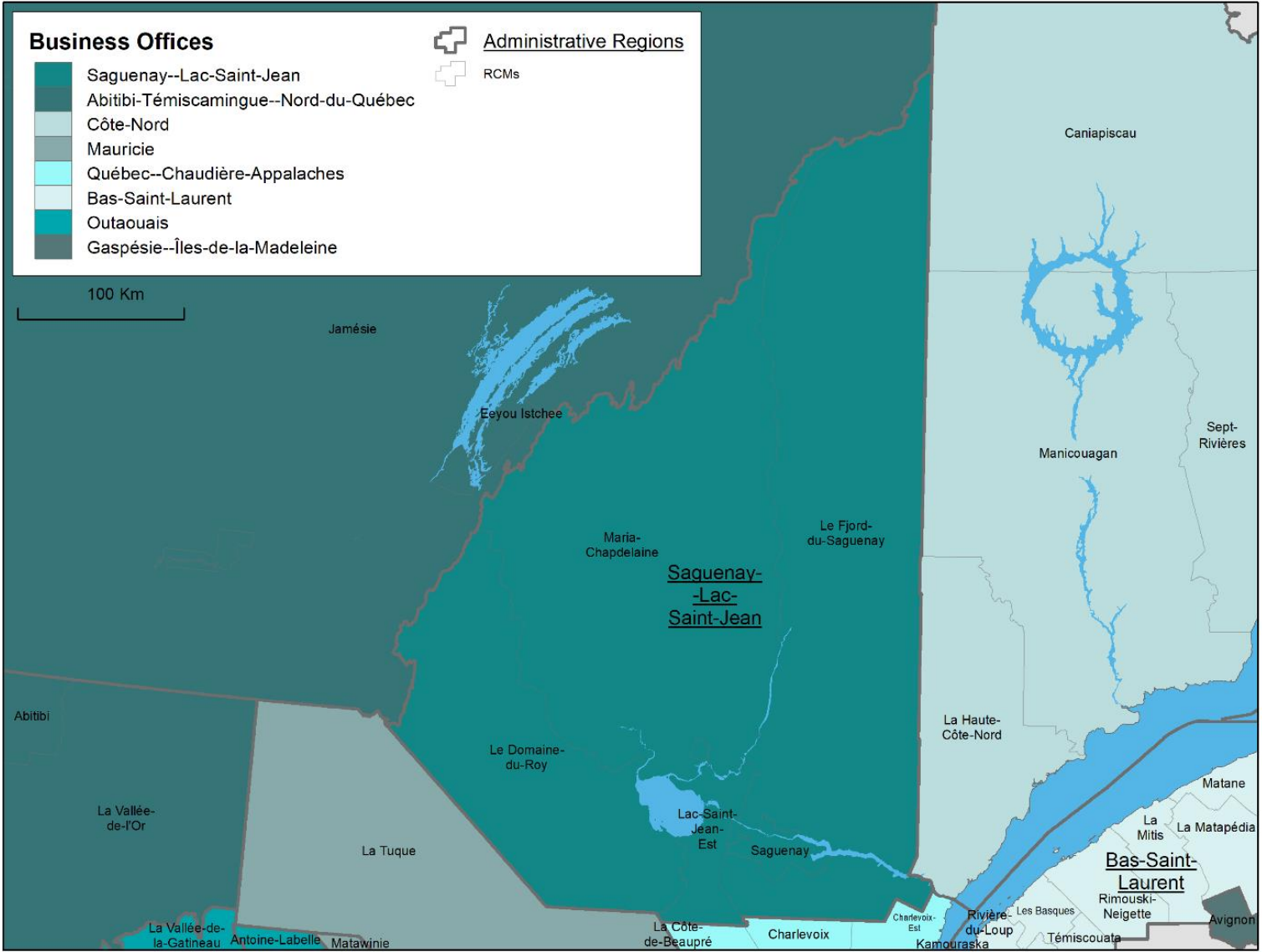 Map of the Saguenay–Lac-Saint-Jean administrative region, the regional county municipalities (RCMs) it covers, the territory of Canada Economic Development for Quebec Regions' (CED's) Saguenay–Lac-Saint-Jean Business Office (BO) and the territories served by neighbouring BOs.