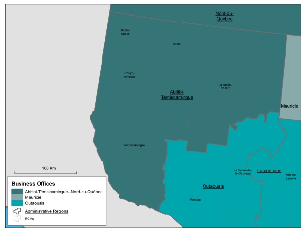 Map of the Abitibi-Témiscamingue administrative region, the regional county municipalities (RCMs) it covers, the territory of Canada Economic Development for Quebec Regions' (CED's) Abitibi-Témiscamingue and Nord-du-Québec Business Office (BO) and the territories served by neighbouring BOs.