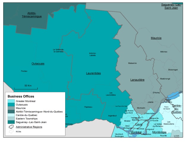 Map of the Laurentides administrative region, the regional county municipalities (RCMs) it covers, the territory of Canada Economic Development for Quebec Regions' (CED's) Business Office (BO) serving the Laurentides region and the territories served by neighbouring BOs.