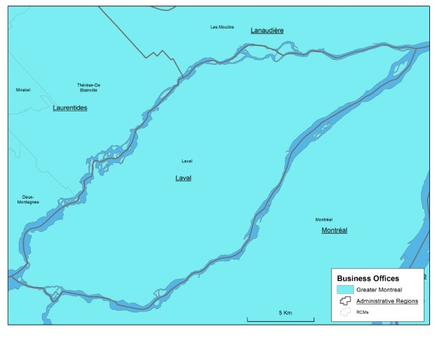 Map of the Laval administrative region, the regional county municipalities (RCMs) it covers, the territory of Canada Economic Development for Quebec Regions' (CED's) Business Office (BO) serving the Laval region and the territories served by neighbouring BOs.