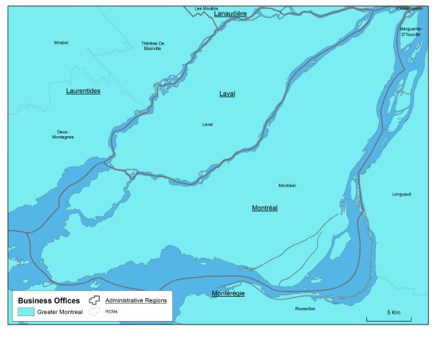 Map of the Montérégie administrative region, the regional county municipalities (RCMs) it covers, the territory of Canada Economic Development for Quebec Regions' (CED's) Business Office (BO) serving the Montérégie region and the territories served by neighbouring BOs.