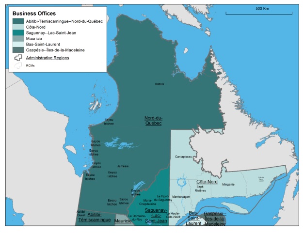 Map of the Nord-du-Québec administrative region, the regional county municipalities (RCMs) it covers, the territory of Canada Economic Development for Quebec Regions' (CED's) Abitibi-Témiscamingue and Nord-du-Québec Business Office (BO) and the territories served by neighbouring BOs.