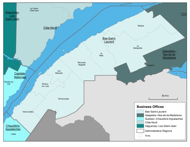 Map of the Bas-Saint-Laurent administrative region, the regional county municipalities (RCMs) it covers, the territory of Canada Economic Development for Quebec Regions' (CED's) Bas-Saint-Laurent Business Office (BO) and the territories served by neighbouring BOs.