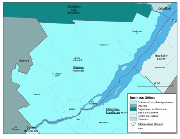 Map of the Capitale-Nationale administrative region, the regional county municipalities (RCMs) it covers, the territory of Canada Economic Development for Quebec Regions' (CED's) Capitale-Nationale Business Office (BO) and the territories served by neighbouring BOs.