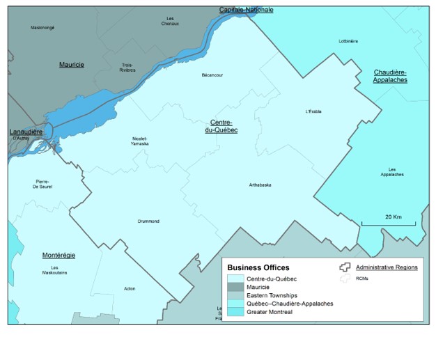 Map of the Centre-du-Québec administrative region, the regional county municipalities (RCMs) it covers, the territory of Canada Economic Development for Quebec Regions' (CED's) Centre-du-Québec Business Office (BO) and the territories served by neighbouring BOs.