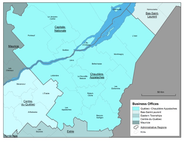 Map of the Chaudière-Appalaches administrative region, the regional county municipalities (RCMs) it covers, the territory of Canada Economic Development for Quebec Regions' (CED's) Chaudière-Appalaches Business Office (BO) and the territories served by neighbouring BOs.