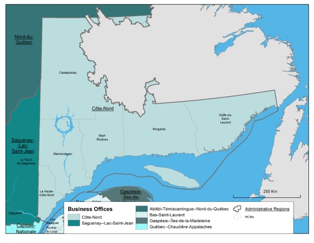 Map of the Côte-Nord administrative region, the regional county municipalities (RCMs) it covers, the territory of Canada Economic Development for Quebec Regions' (CED's) Côte-Nord Business Office (BO) and the territories served by neighbouring BOs.