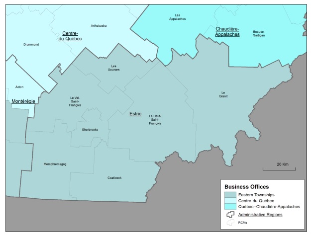 Map of the Estrie administrative region, the regional county municipalities (RCMs) it covers, the territory of Canada Economic Development for Quebec Regions' (CED's) Cantons-de-l'Est Business Office (BO) and the territories served by neighbouring BOs.