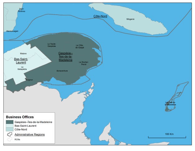 Map of the Gaspésie–Îles-de-la-Madeleine administrative region, the regional county municipalities (RCMs) it covers, the territory of Canada Economic Development for Quebec Regions' (CED's) Gaspésie–Îles-de-la-Madeleine Business Office (BO) and the territories served by neighbouring BOs.