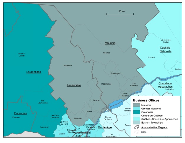 Map of the Lanaudière administrative region, the regional county municipalities (RCMs) it covers, the territory of Canada Economic Development for Quebec Regions' (CED's) Business Office (BO) serving the Lanaudière region and the territories served by neighbouring BOs.