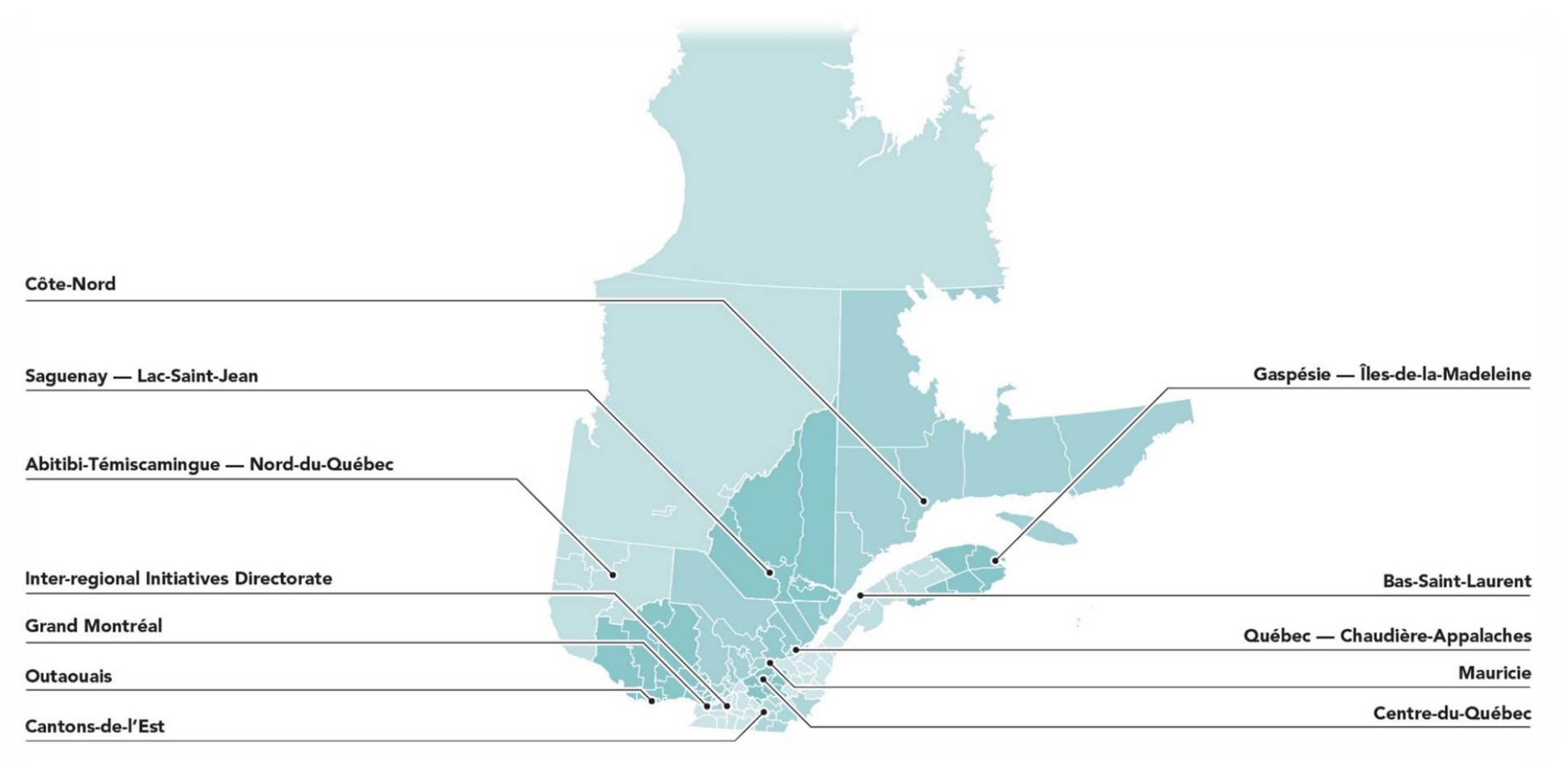 Map of Quebec with the territories served by the business offices.