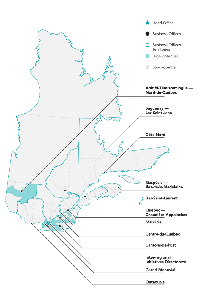 Map of Quebec with the head office, business offices and the territories they serve, as well as territories with strong and weak potential.