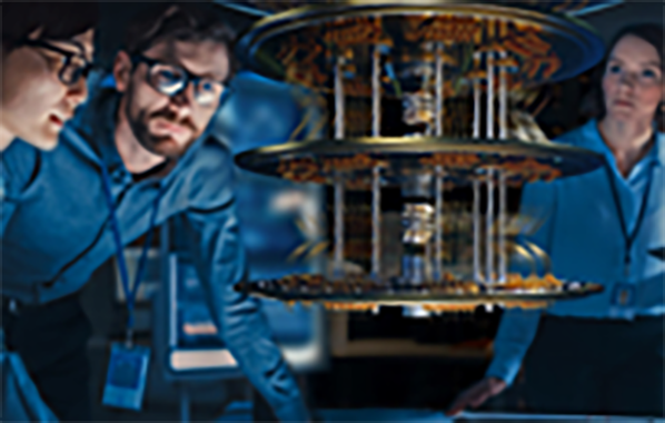 Des personnes entourant un ordinateur quantique