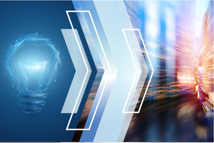 Several elements are present in the visual composition. A light bulb is on the left, arrows pointing to the right in the center, and a city speeding by. All symbolizing innovation, gas pedals and incubators.