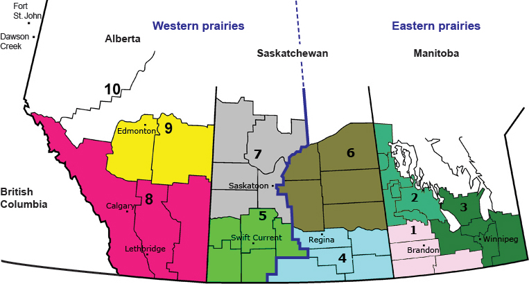 Alberta, Saskatchewan and Manitoba crop regions 1 to 10. Details of regions follow.