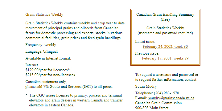 A sample of the Grain Statistics Weekly report on the Canadian Grain Commission website in February, 2002.