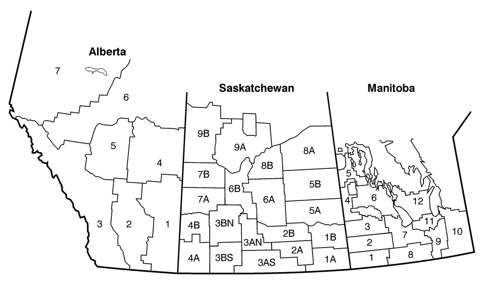 Crop district map for Saskatchewan and Alberta