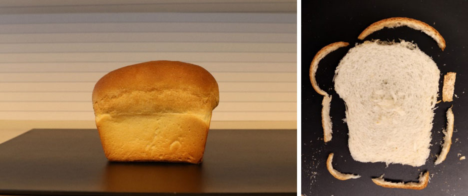 Loaf of bread. Bread slice with crust separated from crumb material.