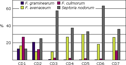 Graph illustrating the percentage of species infecting FDK in Alberta crop districts, 2006