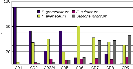 Graph illustrating the percentage of species infecting FDK in Saskatchewan crop districts, 1999